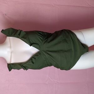 New Cupshe Olive Green Ruffle Sleeve Lace Up Back Plunge Neck One Piece Swimsuit